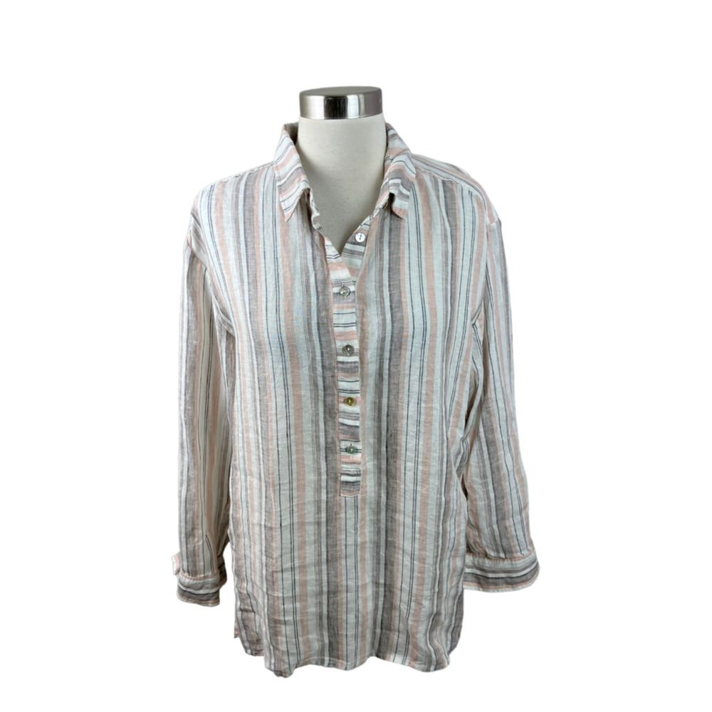 Roots S Orange Brown Cream Stripe 100% Linen Partial Button Popover Tunic